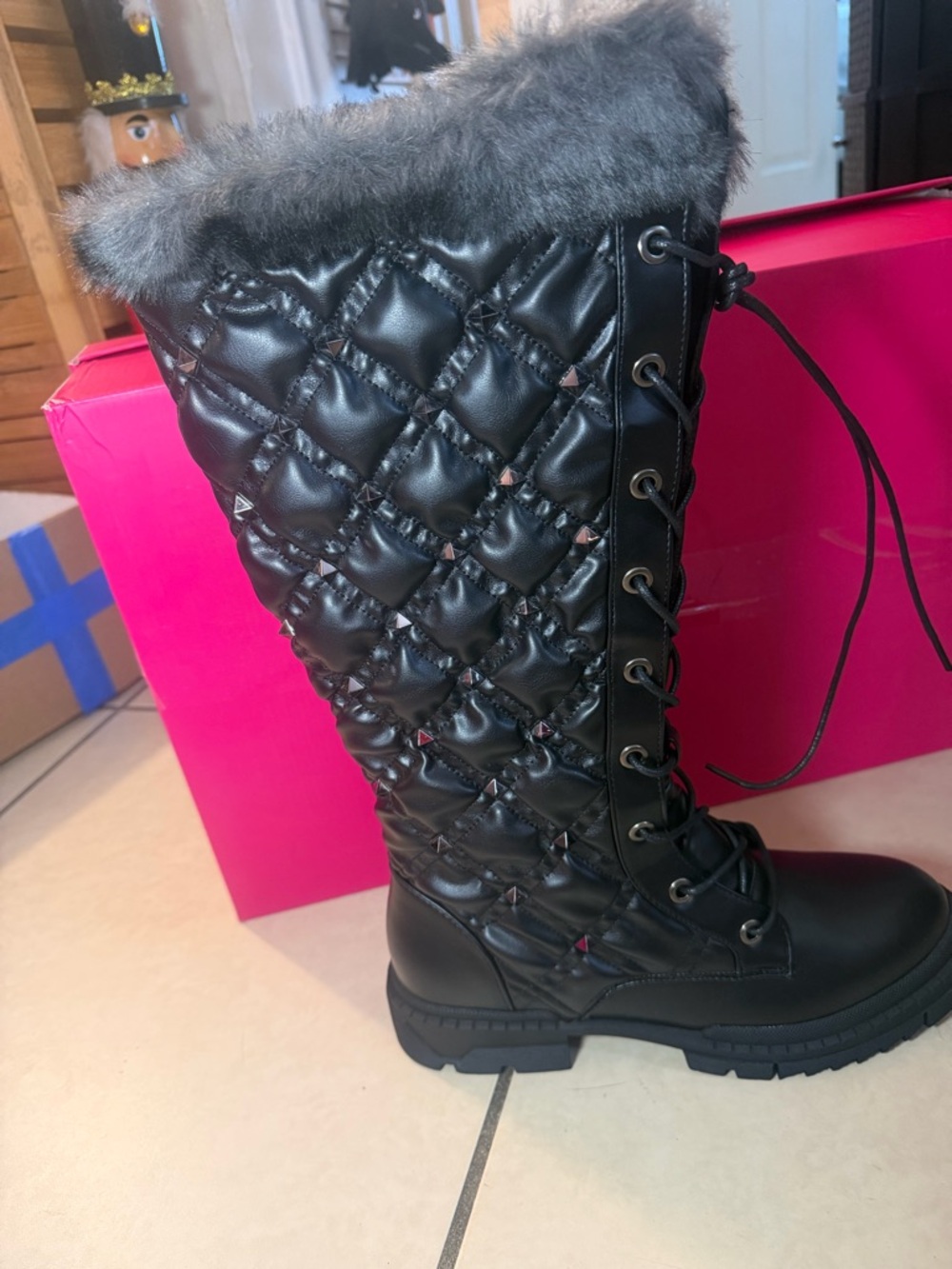 Noro Black Quilted Faux-Fur Trim Lace-Up Knee Boots